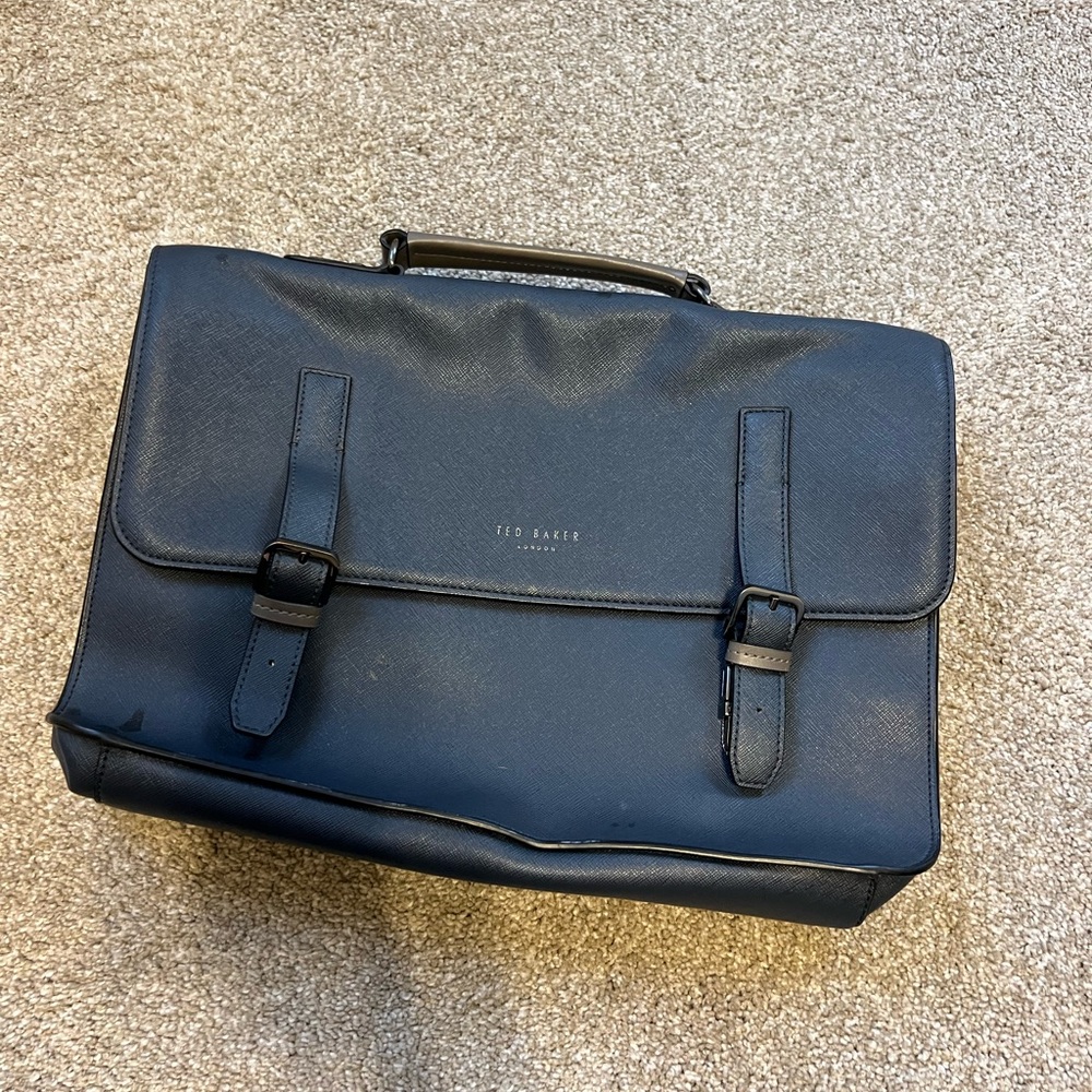 Ted Baker Navy Leather Men's Briefcase with Buckle Flap